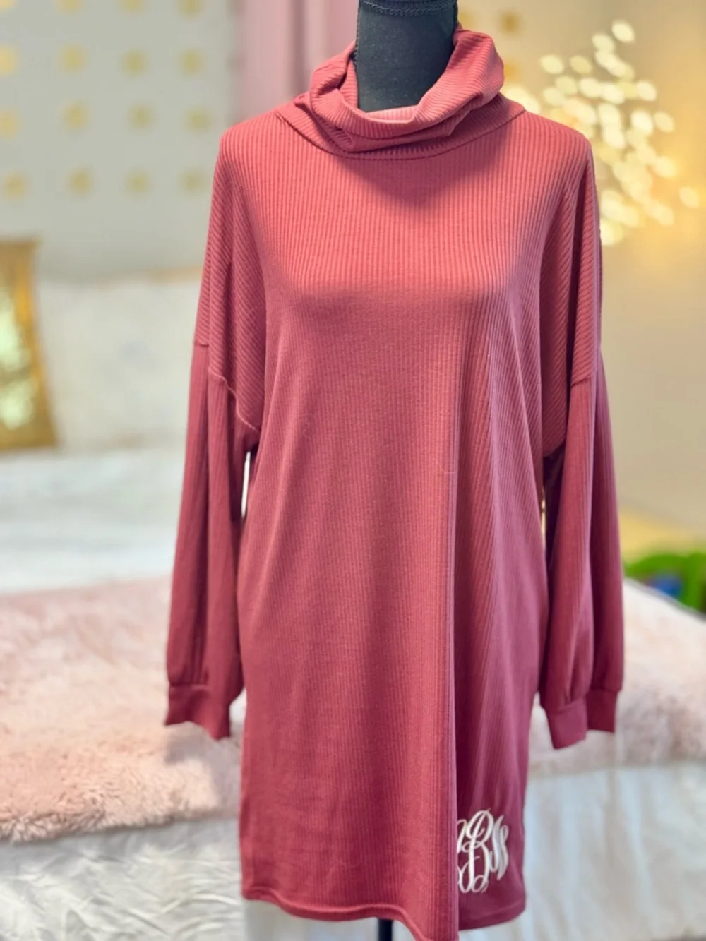Jordann Ribbed Cowl Neck Tunic Dress M Mauve Pink Monogram Oversized Cozy - Picture 1 of 5